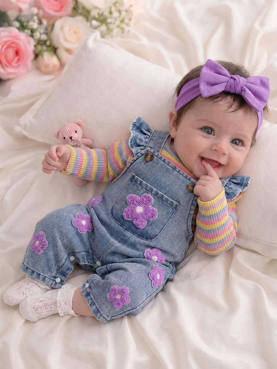 SHEIN Newborn Baby Girl 2-Piece Outfits Rainbow Striped Ruffle Sleeve Top And Floral Applique Overall Jumpsuit Set Toddler Fall Clothes