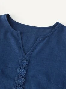 LUMIGAL 女款小V領蕾絲拼接長袖海軍藍襯衫，度假秋季休閒波西米亞風早午餐穿搭 - 藍色 - 查看 6