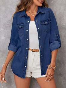 EMERY ROSE EMERY ROSE Women's Single-Breasted Casual Versatile Denim Top For Daily Wear - Dark Wash - View 3