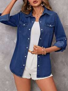 EMERY ROSE EMERY ROSE Women's Single-Breasted Casual Versatile Denim Top For Daily Wear - Dark Wash - View 5