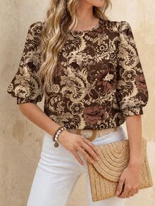 SHEIN LUNE Women's Casual Boho Commute Brunch Everyday Printed Lantern Sleeve Blouse Brown Floral Autumn - Multicolor - View 4