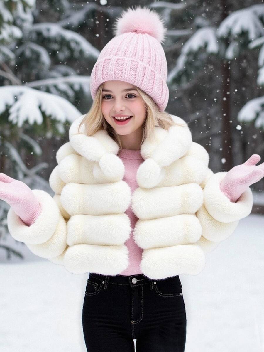 SHEIN Elladie kids 1件女童柔軟人造毛皮夾克，優雅長袖短版修身連帽外套，適合秋冬，白色