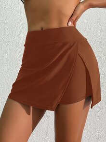 SHEIN Swim 女士纯色沙滩优雅侧开衩裤泳装沙滩裤 - 鏽棕色 - 查看 8