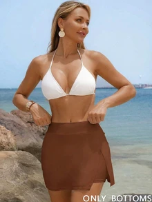 SHEIN Swim 女士纯色沙滩优雅侧开衩裤泳装沙滩裤 - 鏽棕色 - 查看 1