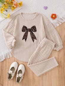 SHEIN Young Girl Applique Embroidery Round Neck T-Shirt And Pants Set - Beige - View 3