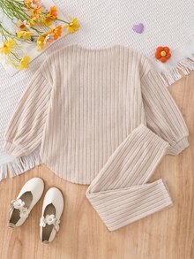 SHEIN Young Girl Applique Embroidery Round Neck T-Shirt And Pants Set - Beige - View 4