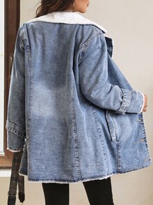 SHEIN LUNE Women's Color Block Collar Denim Jacket Plush Warm Denim Button Pocket Thickened Denim - Blue - View 2