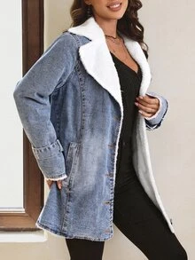 SHEIN LUNE Women's Color Block Collar Denim Jacket Plush Warm Denim Button Pocket Thickened Denim - Blue - View 7