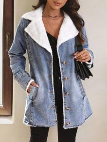 SHEIN LUNE Women's Color Block Collar Denim Jacket Plush Warm Denim Button Pocket Thickened Denim - Blue - View 5