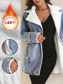 SHEIN LUNE Women's Color Block Collar Denim Jacket Plush Warm Denim Button Pocket Thickened Denim - Blue - View 4