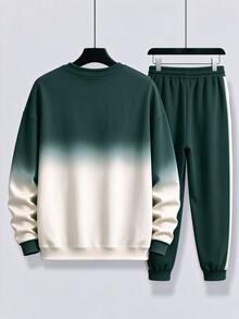 HypeHours Autumn Men's Green & White Gradient Long Sleeve Sweatshirt 2 Pieces Set, Teenager Minimalist HN Logo Casual Sports Outfit Complete Set - Multicolor - View 2