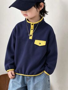 SHEIN 小男孩半開襟鈕扣長袖運動衫 戶外穿著 - 藏蓝色 - 查看 2