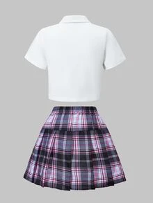 SHEIN 青少年女孩 2件組 白色夏季可愛返校穿搭，寬鬆領口襯衫配領結，格紋百褶迷你裙 粉色學院風 - 紫色 - 查看 3