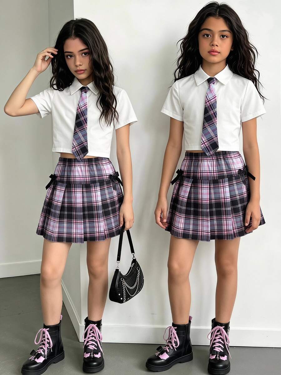 SHEIN 青少年女孩 2件組 白色夏季可愛返校穿搭，寬鬆領口襯衫配領結，格紋百褶迷你裙 粉色學院風
