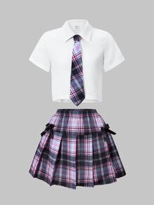 SHEIN 青少年女孩 2件組 白色夏季可愛返校穿搭，寬鬆領口襯衫配領結，格紋百褶迷你裙 粉色學院風 - 紫色 - 查看 5