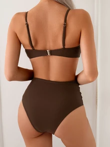 SHEIN Swim 2025春夏女士优雅度假金属贝壳串珠肩带高腰收腹棕色比基尼套装 - 彩色 - 查看 2