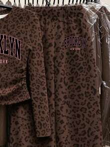 (1 Set)Tween Girls Autumn Casual Fashion Charcoal Leopard Print Brooklyn Letter Waist Gathered Long Sleeve T-Shirt And Wide Leg Pants - Multicolor - View 5
