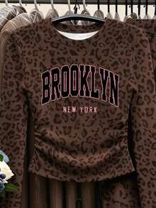 (1 Set)Tween Girls Autumn Casual Fashion Charcoal Leopard Print Brooklyn Letter Waist Gathered Long Sleeve T-Shirt And Wide Leg Pants - Multicolor - View 6
