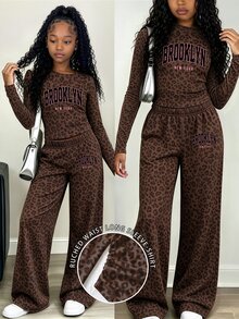 (1 Set)Tween Girls Autumn Casual Fashion Charcoal Leopard Print Brooklyn Letter Waist Gathered Long Sleeve T-Shirt And Wide Leg Pants - Multicolor - View 1