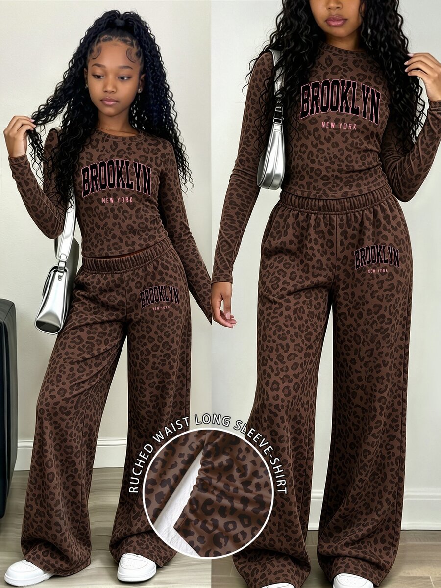 (1 Set)Tween Girls Autumn Casual Fashion Charcoal Leopard Print Brooklyn Letter Waist Gathered Long Sleeve T-Shirt And Wide Leg Pants - Multicolor - View 1