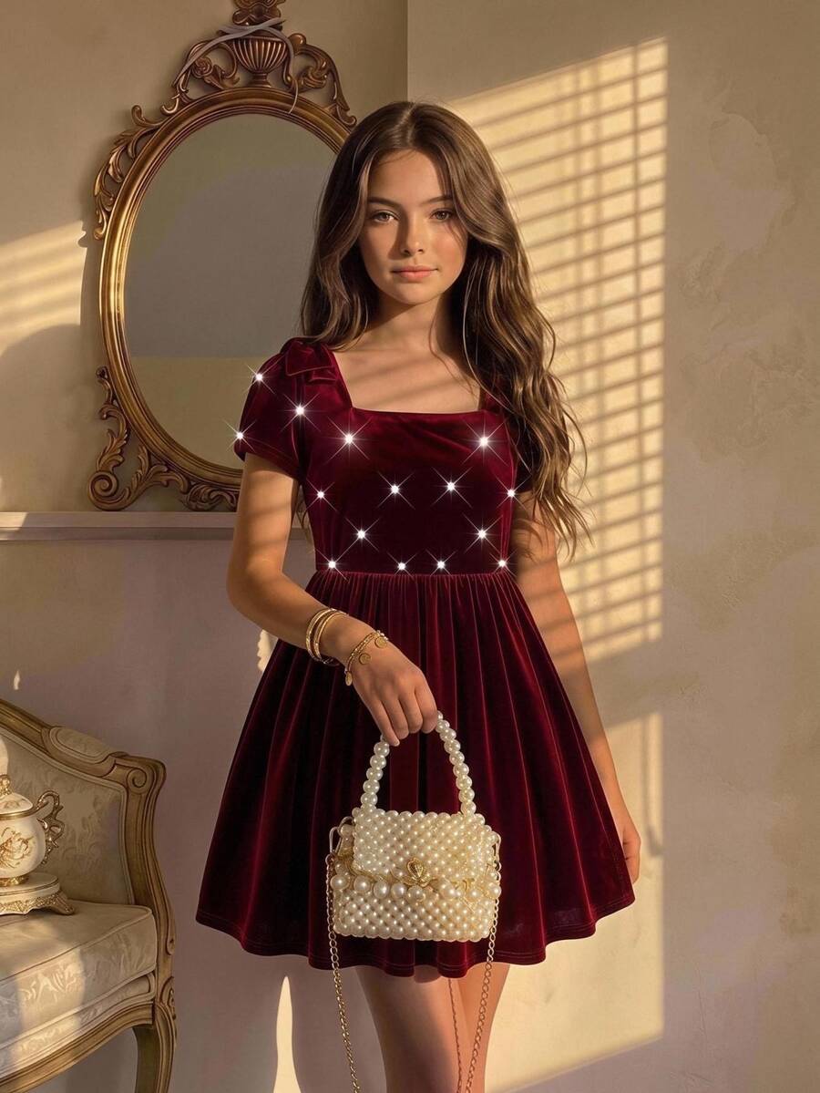 SHEIN 少女秋冬天鵝絨珠飾保暖內裡加厚簡約休閒派對蝴蝶結洋裝 - 紅色 - 查看 1