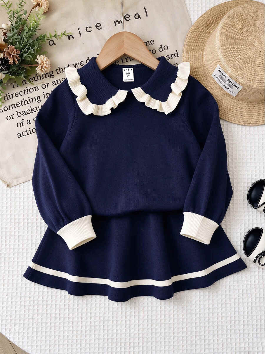SHEIN Young Girls Young Girl Kids Young Girl Young Girl Sweater Set, Navy Blue Pullover Sweater Set, Suitable For Autumn/Winter - Navy Blue - View 1