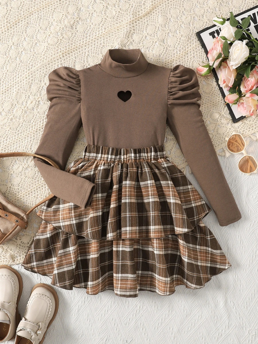 Tween Girl Autumn/Winter Long Sleeve Simple Elegant Ribbed Top + Plaid Tiered Skirt - Multicolor - View 1