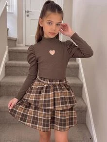 Tween Girl Autumn/Winter Long Sleeve Simple Elegant Ribbed Top + Plaid Tiered Skirt - Multicolor - View 1