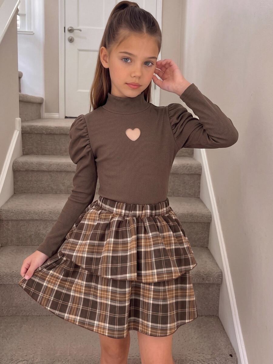 Tween Girl Autumn/Winter Long Sleeve Simple Elegant Ribbed Top + Plaid Tiered Skirt - Multicolor - View 1