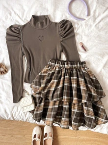 Tween Girl Autumn/Winter Long Sleeve Simple Elegant Ribbed Top + Plaid Tiered Skirt - Multicolor - View 3