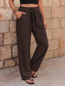 SHEIN LUNE Women's Denim Effect Linen Side Ruffle Long Pants - Mocha Brown - View 1