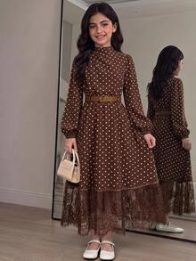 SHEIN Girls Polka Dot Print Lantern Sleeve Lace Hem Belted Midi Dress Brown - Brown - View 2