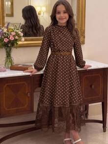 SHEIN Girls Polka Dot Print Lantern Sleeve Lace Hem Belted Midi Dress Brown - Brown - View 1