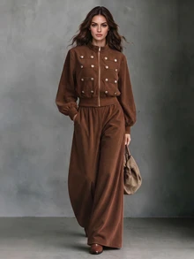Omancia Women's Autumn/Winter Fashion Casual Napoleon Style Structured Shoulder Jacket With Straight Leg Pants, 2 Pieces Set For Daily Commute, Home Wear And Shopping - Brown - View 3