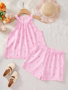 SHEIN Teen Girls Pink White Striped Halter Top Set, Delicate Small Bow Print Sixth Form Formal Party Summer Cute Katseye Cruise Birthday - Multicolor - View 7