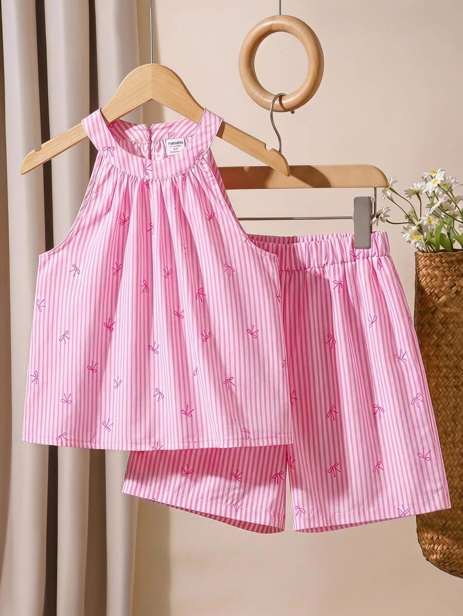 SHEIN Teen Girls Pink White Striped Halter Top Set, Delicate Small Bow Print Sixth Form Formal Party Summer Cute Katseye Cruise Birthday