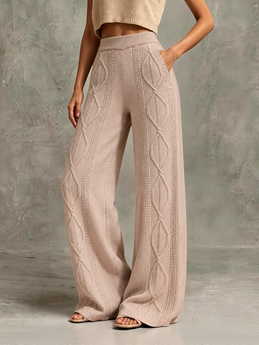 Omancia Women's Vintage Cable Knit Lazy Wide Leg Casual Long Pants Lounge Grey Fall - Camel - View 1