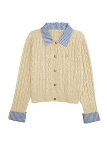 SHEIN Fashionable French 2000s Blogger-Inspired 2 In 1 Patchwork Knit Cardigan Sweater Cable Button Up Collared Teachers' Day Office Grey Blue Autumn - Khaki - View 5