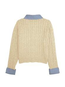 SHEIN Fashionable French 2000s Blogger-Inspired 2 In 1 Patchwork Knit Cardigan Sweater Cable Button Up Collared Teachers' Day Office Grey Blue Autumn - Khaki - View 6