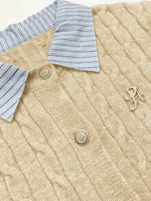 SHEIN Fashionable French 2000s Blogger-Inspired 2 In 1 Patchwork Knit Cardigan Sweater Cable Button Up Collared Teachers' Day Office Grey Blue Autumn - Khaki - View 7