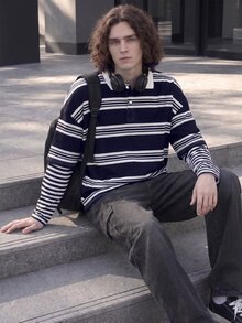 Manfinity Dauomo Men's Striped Casual Streetwear Daily Wear Polo Shirt Off Campus Teacher Fall - Navy Blue - View 4
