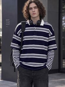 Manfinity Dauomo Men's Striped Casual Streetwear Daily Wear Polo Shirt Off Campus Teacher Fall - Navy Blue - View 1