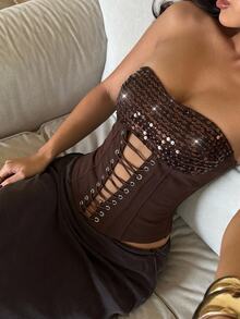 Aloruh Women's Autumn/Winter Party Top, Sequin Bustier, Glamorous Sexy Party Outfit - Chocolate Brown - View 4