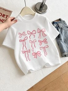 SHEIN Young Girls Casual Cute Bowknot & Print Round Neck Short Sleeve T-Shirt, Versatile For Daily Wear, Summer - White - View 4