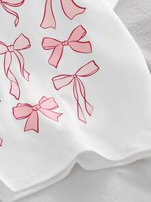 SHEIN Young Girls Casual Cute Bowknot & Print Round Neck Short Sleeve T-Shirt, Versatile For Daily Wear, Summer - White - View 5