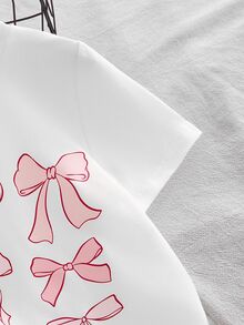 SHEIN Young Girls Casual Cute Bowknot & Print Round Neck Short Sleeve T-Shirt, Versatile For Daily Wear, Summer - White - View 7
