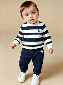 SHEIN Baby Boy Crew Neck Long Sleeve Sports Sweatshirt Sweatpants 2-Piece Set Collegiate Style Striped Pony Graphic Fall Family Matching Navy Navy Blue - Multicolor - View 2