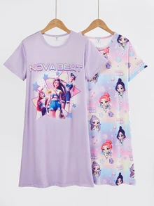 SHEIN Girls Cute Sheep Pattern Comfortable 2 Pieces Round Neck Short Sleeve Long Nightgown Loungewear Character Shirts Girls - Purple - View 4