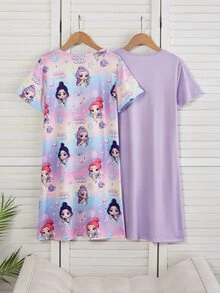 SHEIN Girls Cute Sheep Pattern Comfortable 2 Pieces Round Neck Short Sleeve Long Nightgown Loungewear Character Shirts Girls - Purple - View 3