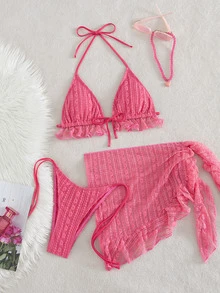 Swim Mod 3pcs Women's Solid Color Ruffle Halter Bikini Set With Knotted Skirt Beach Honeymoon Vacation Party Hot Pink Summer Sexy Cute Tropical Tropical - Watermelon Pink - View 9